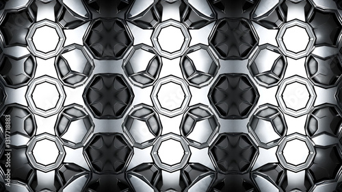 Shiny metallic texture with intricate, interconnected hexagonal patterns, repeating seamlessly in a mesmerizing arrangement of silver and gray hues, perfect for futuristic designs.