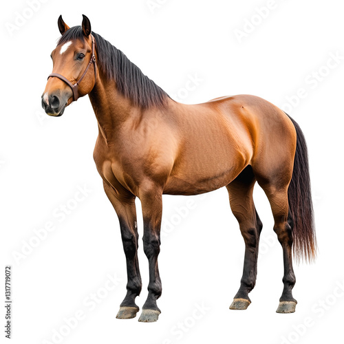 Brown horse stands alone on transparent background