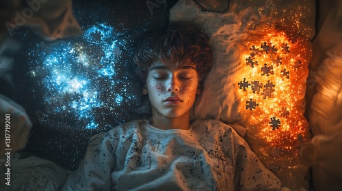 Split scene one side showing a frustrated person struggling with a puzzle while sleep deprived and the other side showing the same person effortlessly completing the task after a good nights sleep