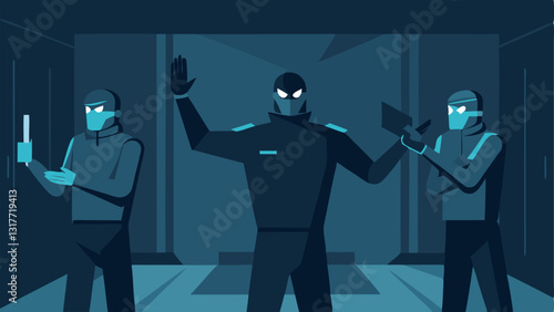 Stealth Movement Practice Officers practicing silent movements and hand signals in a dimly lit room showcasing their preparation for stealth operations.