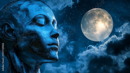 Serene Night: A Metal Sculpture Gazes at the Full Moon