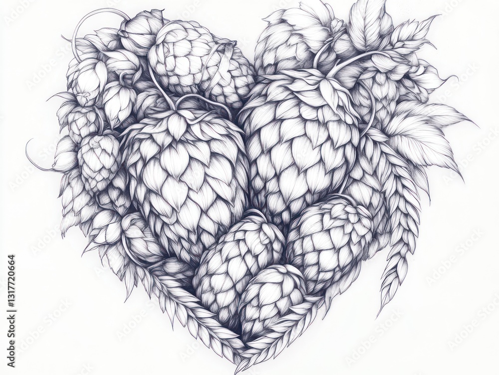 Fototapeta premium Hop heart, botanical drawing, craft beer ingredient, white background