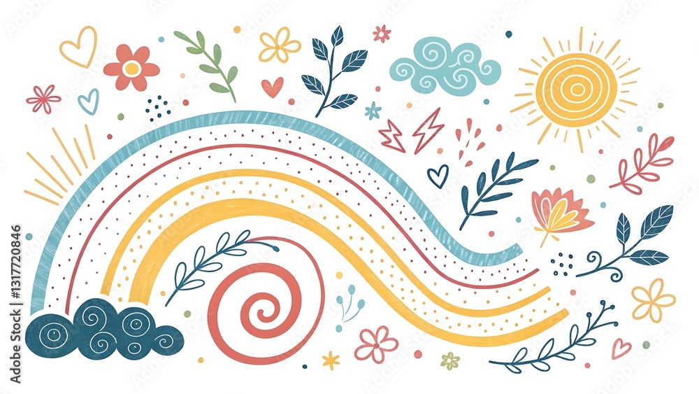 Joyful Rainbow Design with Flowers Sun and Clouds Childish Pastel Art Print Joyful Rainbow Design with Flowers Sun and Clouds Childish Pastel Art Print