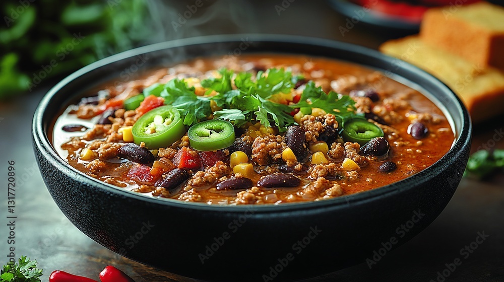 Steaming bowl of hearty chili with ground beef, beans, corn, and jalapenos. Steaming bowl of hearty chili with ground beef, beans, corn, and jalapenos.