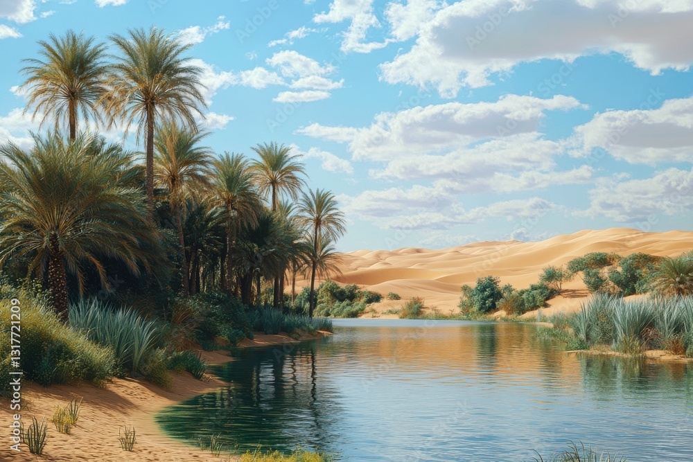 Desert oasis with palm trees, relief Desert oasis with palm trees, relief