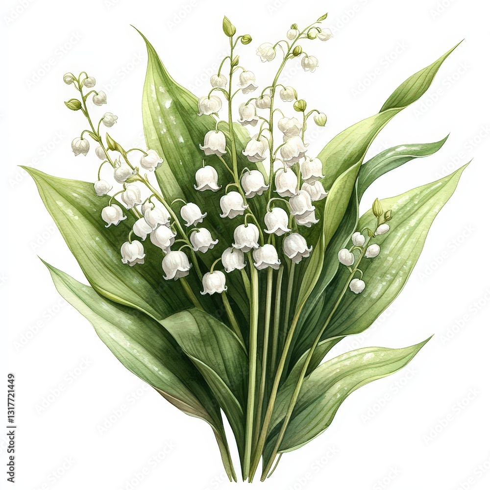 Fototapeta premium Spring lilies of the valley in watercolor, soft pastel floral beauty
