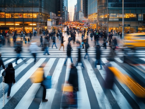 Large crowd crossing busy city intersection during evening rush hour