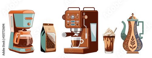 Coffee elements set. Machine, brewing tools, bean bag, accessories, cup, pot. Coffeehouse stuff, grinder, cezve, kettle. Flat vector illustrations isolated on transparent background.