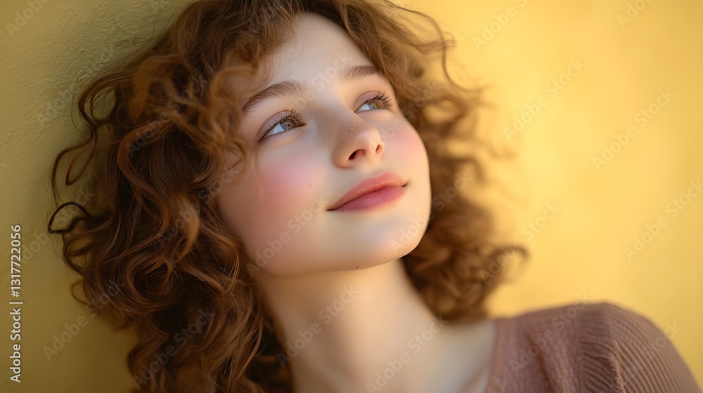 Girl Looking Upward with Curly Hair and Warm Yellow Backdrop Girl Looking Upward with Curly Hair and Warm Yellow Backdrop
