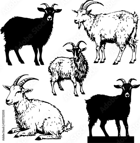 abstract illustration of goat and sheep black and white vector line art