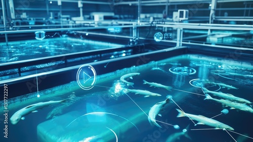 High-tech aquaculture facility showcasing fish in tanks with digital overlays and monitoring systems in the background