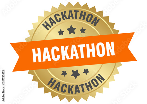 hackathon. hackathon round orange and gold label isolated on transparent background