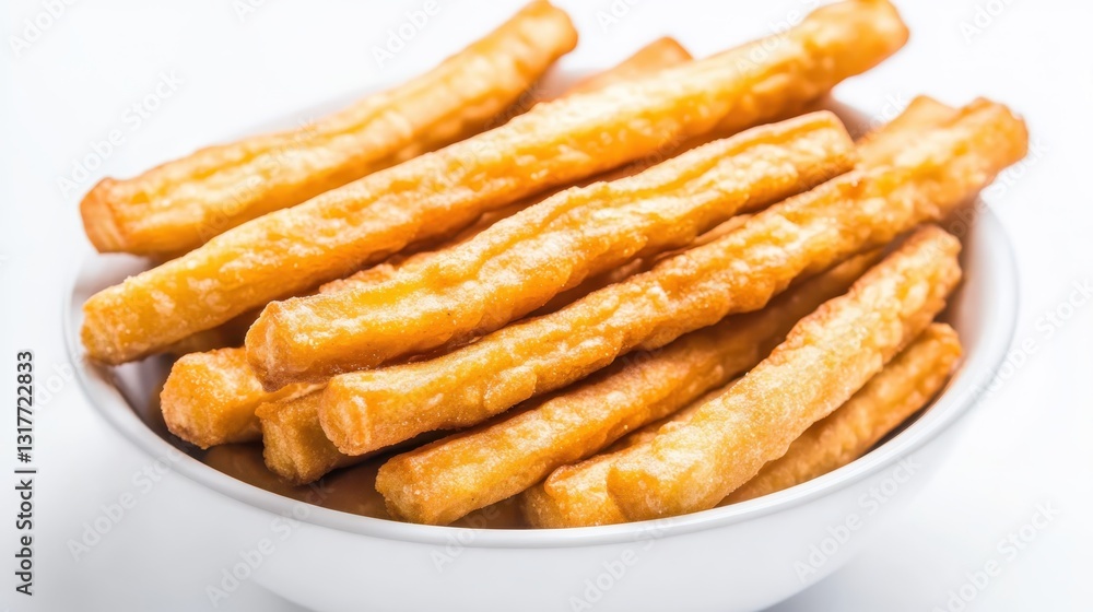 Crunchy golden fried snacks served in a white bowl on a plain surface, perfect for a delicious party platter or casual snack time Crunchy golden fried snacks served in a white bowl on a plain surface, perfect for a delicious party platter or casual snack time
