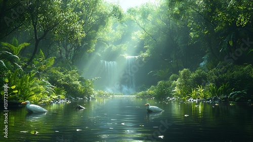Lush jungle waterfall with ducks