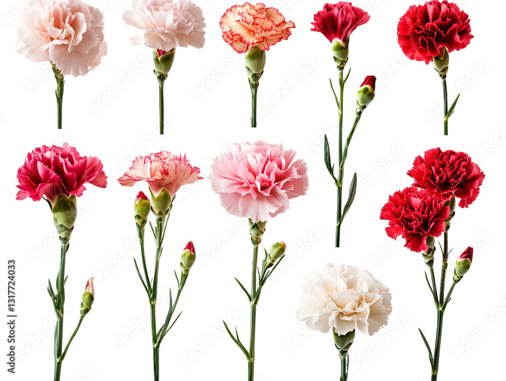Obraz premium Twelve Multicolored Carnation Flowers With Green Stems On Transparent Background, PNG