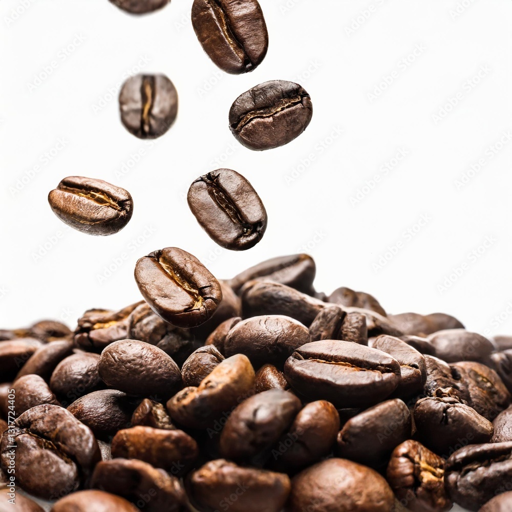 Dynamic Shot of Coffee Beans Falling in the Air Isolated on White Background Dynamic Shot of Coffee Beans Falling in the Air Isolated on White Background