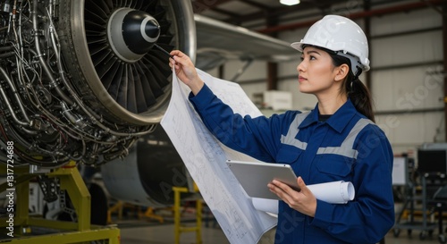 Female Aerospace Engineer Inspecting Aircraft Engine