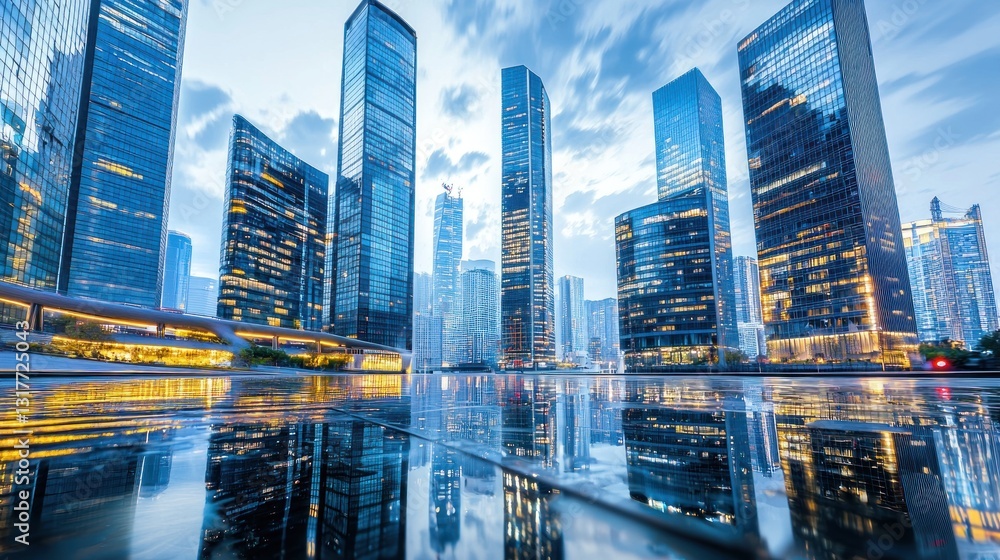 Cityscape reflection in water at twilight. Cityscape reflection in water at twilight.