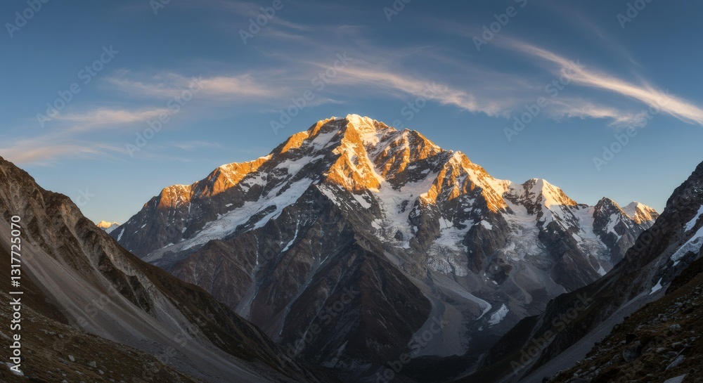 Obraz premium Majestic Sunrise Over the Snowy Peaks of Mountain