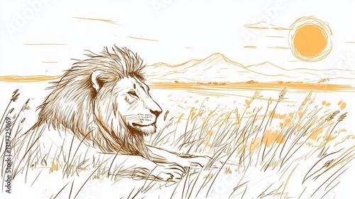 Majestic Lion in the African Savanna: A Serene Sunset Landscape