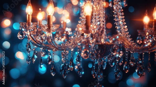 Crystal chandelier glows, party background, elegant event decor