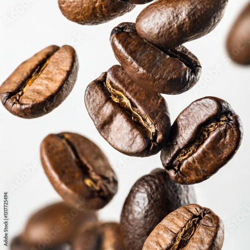 Dynamic Shot of Falling Coffee Beans Isolated on a White Background