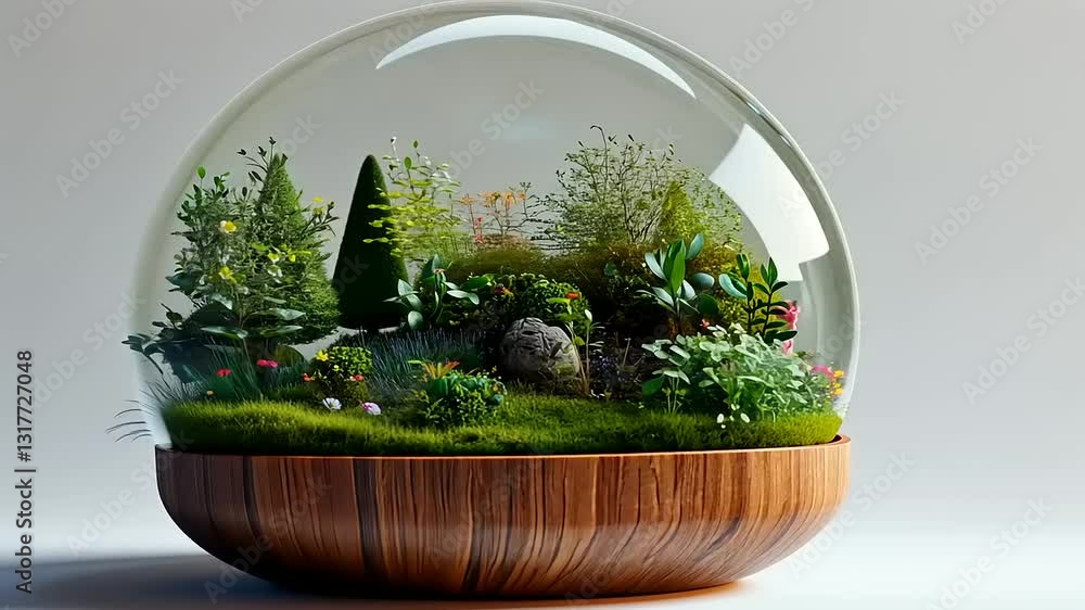 Miniature ecosystem within a glass dome showcasing diverse plants and flowers in a serene setting Miniature ecosystem within a glass dome showcasing diverse plants and flowers in a serene setting