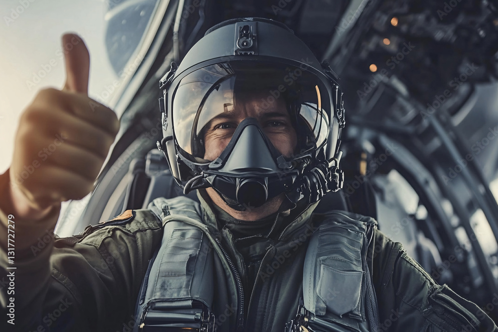 A fighter pilot wearing a helmet and oxygen mask gives a thumbs-up from inside the jet cockpit ready for takeoff on a high-risk aerial mission
A fighter pilot wearing a helmet and oxygen mask gives a thumbs-up from inside the jet cockpit ready for takeoff on a high-risk aerial mission
