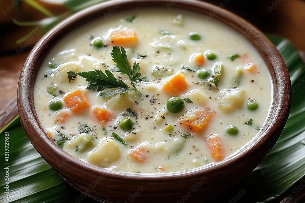 Vegetable Coconut Stew (Ishtu) in a Rustic Clay Bowl with Authentic Garnishes, Traditional South Indian Curry Vegetable Coconut Stew (Ishtu) in a Rustic Clay Bowl with Authentic Garnishes, Traditional South Indian Curry