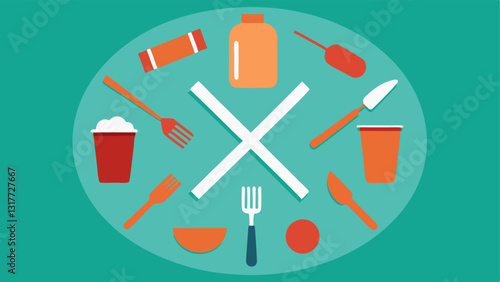 SingleUse Products A collection of singleuse items like straws plates and utensils arranged in a circle each one surrounded by X marks indicating their environmental