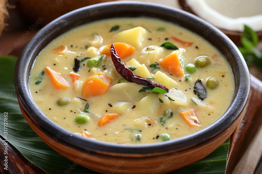 Vegetable Coconut Stew (Ishtu) in a Rustic Clay Bowl with Authentic Garnishes, Traditional South Indian Curry Vegetable Coconut Stew (Ishtu) in a Rustic Clay Bowl with Authentic Garnishes, Traditional South Indian Curry