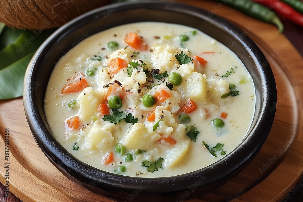 Vegetable Coconut Stew (Ishtu) in a Rustic Clay Bowl with Authentic Garnishes, Traditional South Indian Curry Vegetable Coconut Stew (Ishtu) in a Rustic Clay Bowl with Authentic Garnishes, Traditional South Indian Curry
