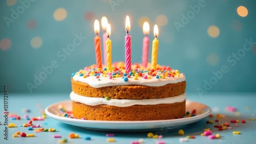 Birthday cake with lit candles, decorated with colored sprinkles. An atmosphere of joy and celebration. Ideal for greeting cards, bakery advertising, baking blogs.