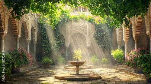 Sunlit Courtyard, Alhambra Palace, Spain, tranquil garden