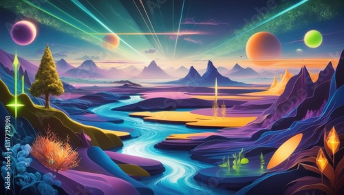 Colorful, surreal landscape with planets and vibrant colors