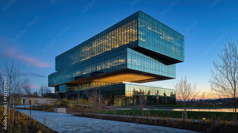 Obraz premium Modern glass office building at dusk.