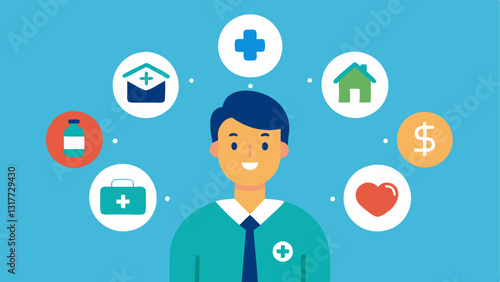 Insurance and Risk Management An illustration of a financial advisor explaining different insurance options with icons representing health home life and auto insurance.