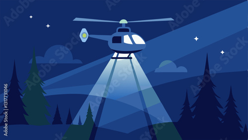 Sky View Night Patrol A police helicopter is hovering against a dark blue night sky with a bright spotlight illuminating a shadowy figure on the ground a trees.
