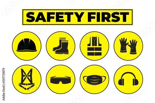 Safety first icon set features essential PPE symbols, including hard hat, boots, gloves, vest, safety harness, goggles, mask, and earmuffs for workplace safety, construction, and industrial use.