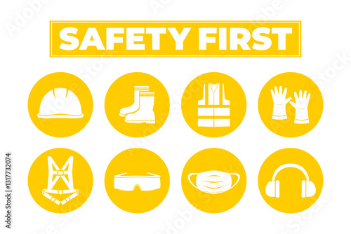 Safety first icon set features essential PPE symbols, including hard hat, boots, gloves, vest, safety harness, goggles, mask, and earmuffs for workplace safety, construction, and industrial use.