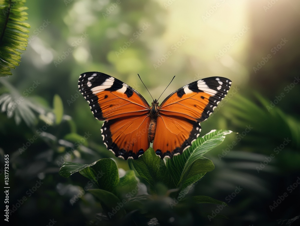 Colorful butterfly perched on vibrant green leaves in a lush forest environment Colorful butterfly perched on vibrant green leaves in a lush forest environment