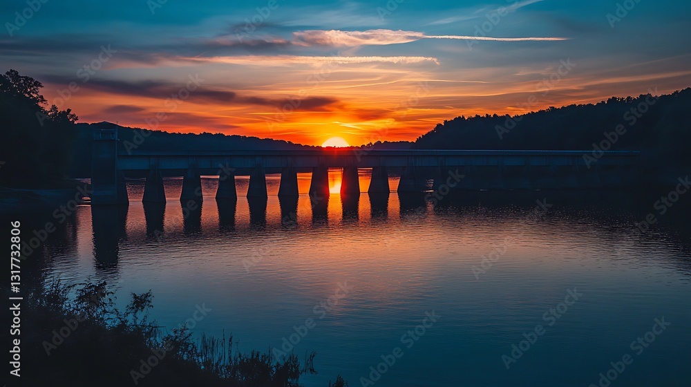 Fototapeta premium Scenic Lake Sunset with Bridge and Water Reflection at Dusk
