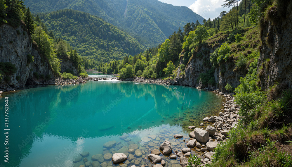 Mountain lake surrounded by lush green trees Mountain lake surrounded by lush green trees