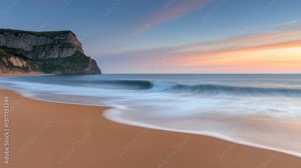 Serene sunrise over sandy beach with cliff. Serene sunrise over sandy beach with cliff.