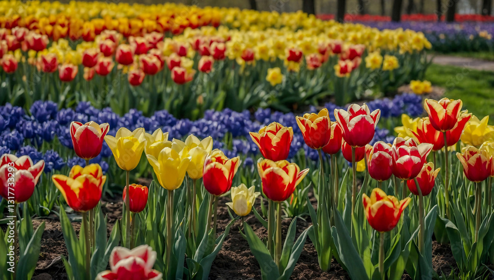 Spring scenery with colorful tulips and narcissus in full bloom Spring scenery with colorful tulips and narcissus in full bloom
