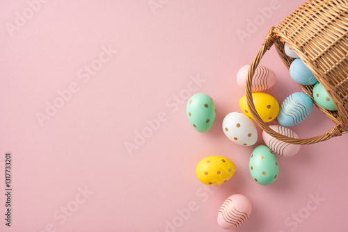 Wallpaper Mural Festive pastel-colored Easter eggs, decorated with various patterns, spill from a wicker basket onto a pink surface, perfect for celebrating spring or Easter-themed concepts Torontodigital.ca