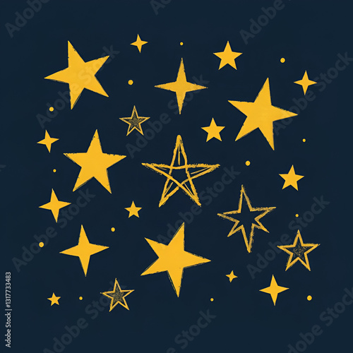 Set of gold chalk drawing stars. Shine or sparkle doodle collection. Children style yellow wax pencil handdrawing elements of night sky. Crayon scratch grunge texture star shapes. Vector illustration