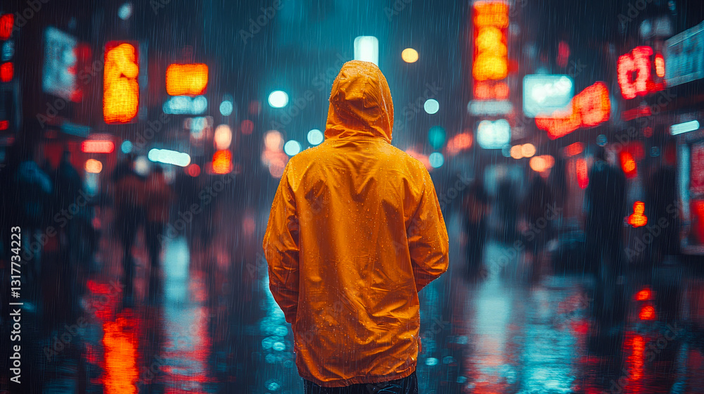 Fototapeta premium A fashionable man in a neon yellow tracksuit walks through a night city with bright neon lighting