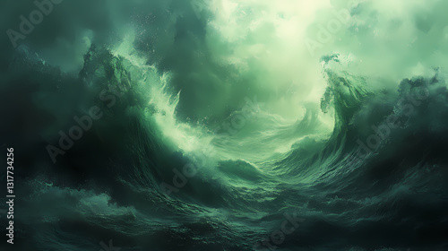 Large body deep waves middle soft lighting album cover green fog phosphorescent seas horrific vibe ambient distress majesty overblown. Phosphorescent Waves. Illustration