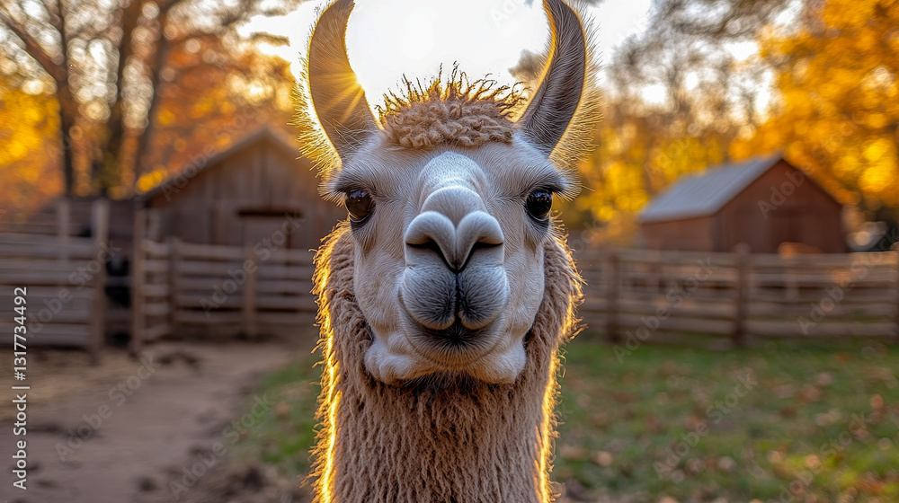 Obraz premium Close-up of a curious llama on a farm with a wooden fence and barn